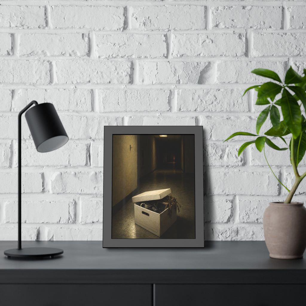 An open box of desk items on the floor of a dim office hallway. The Box of Personal Effects by Garabaggio, framed fine art print hanging in a room.