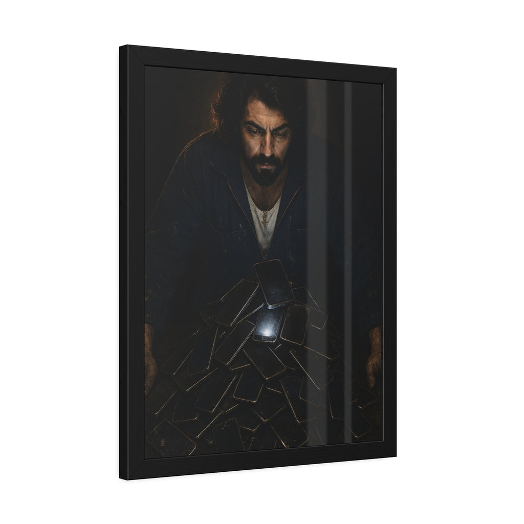 A bearded man leaning over a pile of dark phones, one screen lit. The Last Notification by Garabaggio, framed fine art print hanging in a room.