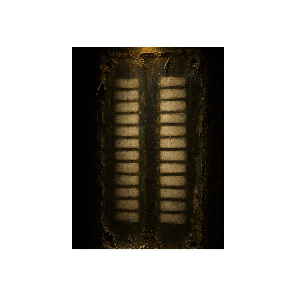 Two columns of blank name slots on a corroded intercom panel. Twenty-Four Pale Rectangles by Garabaggio, fine art print, 12″ x 16″.