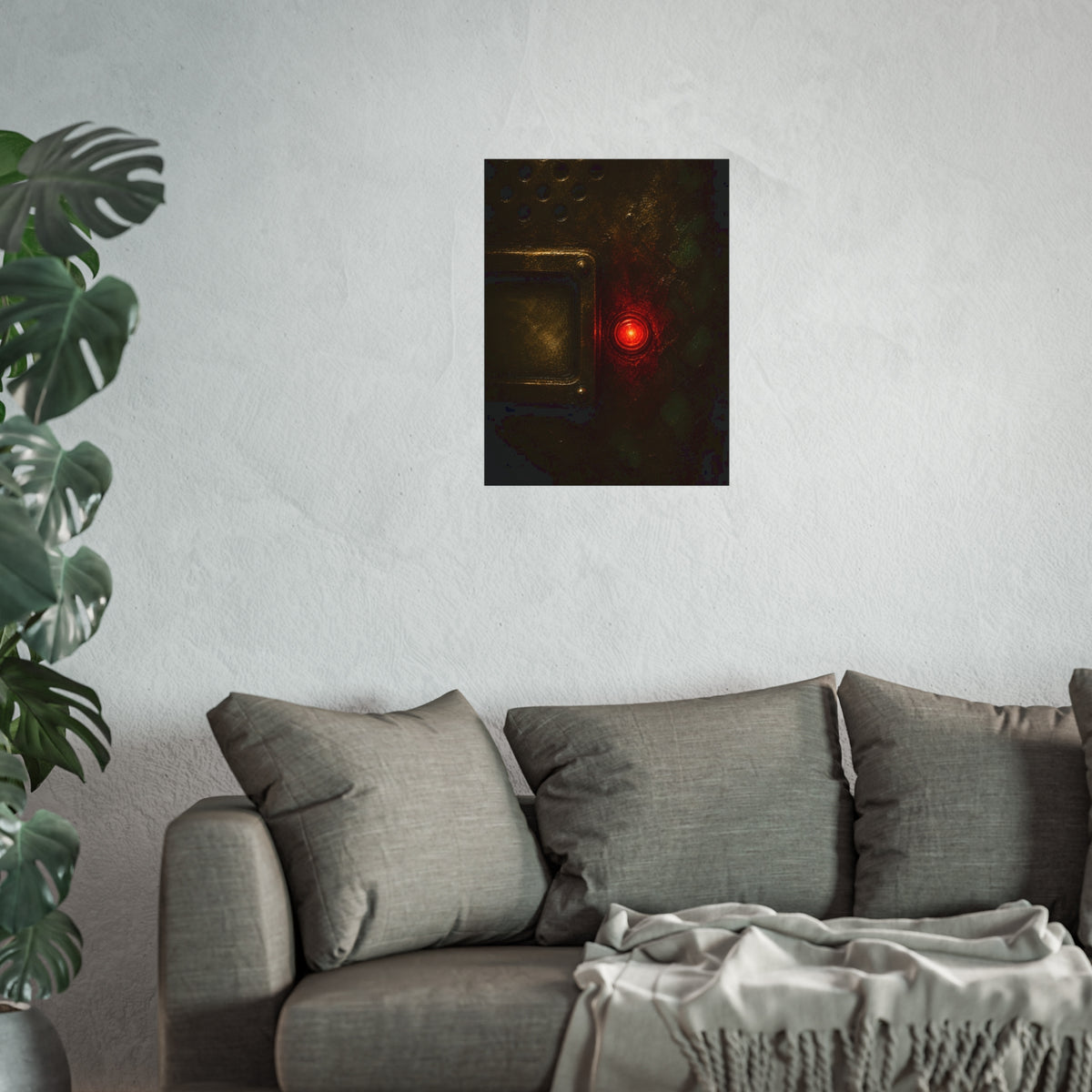 Close view of an intercom panel with one red button glowing in the dark. The Stuck Red Light by Garabaggio, fine art print hanging in a room.