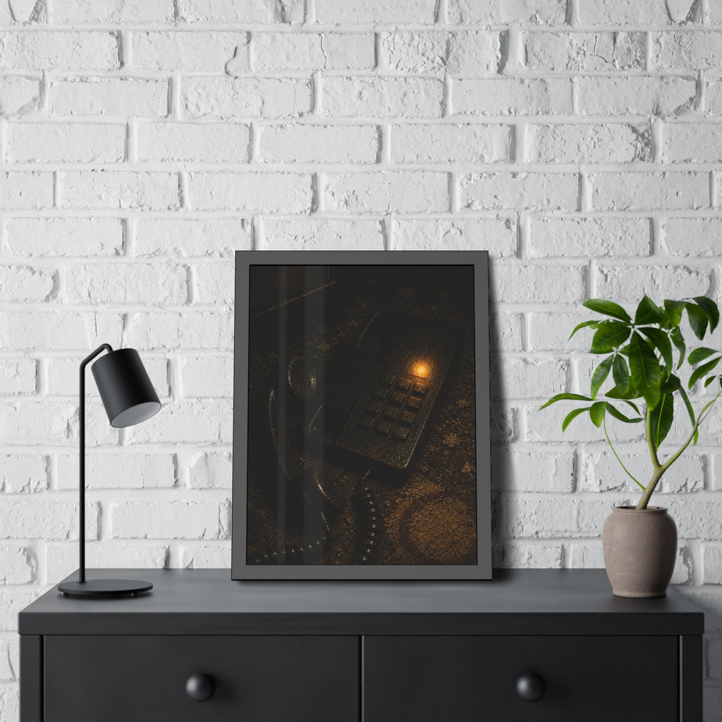 A desk phone with the handset off the hook and one amber light glowing. The Line Still Rings by Garabaggio, framed fine art print hanging in a room.
