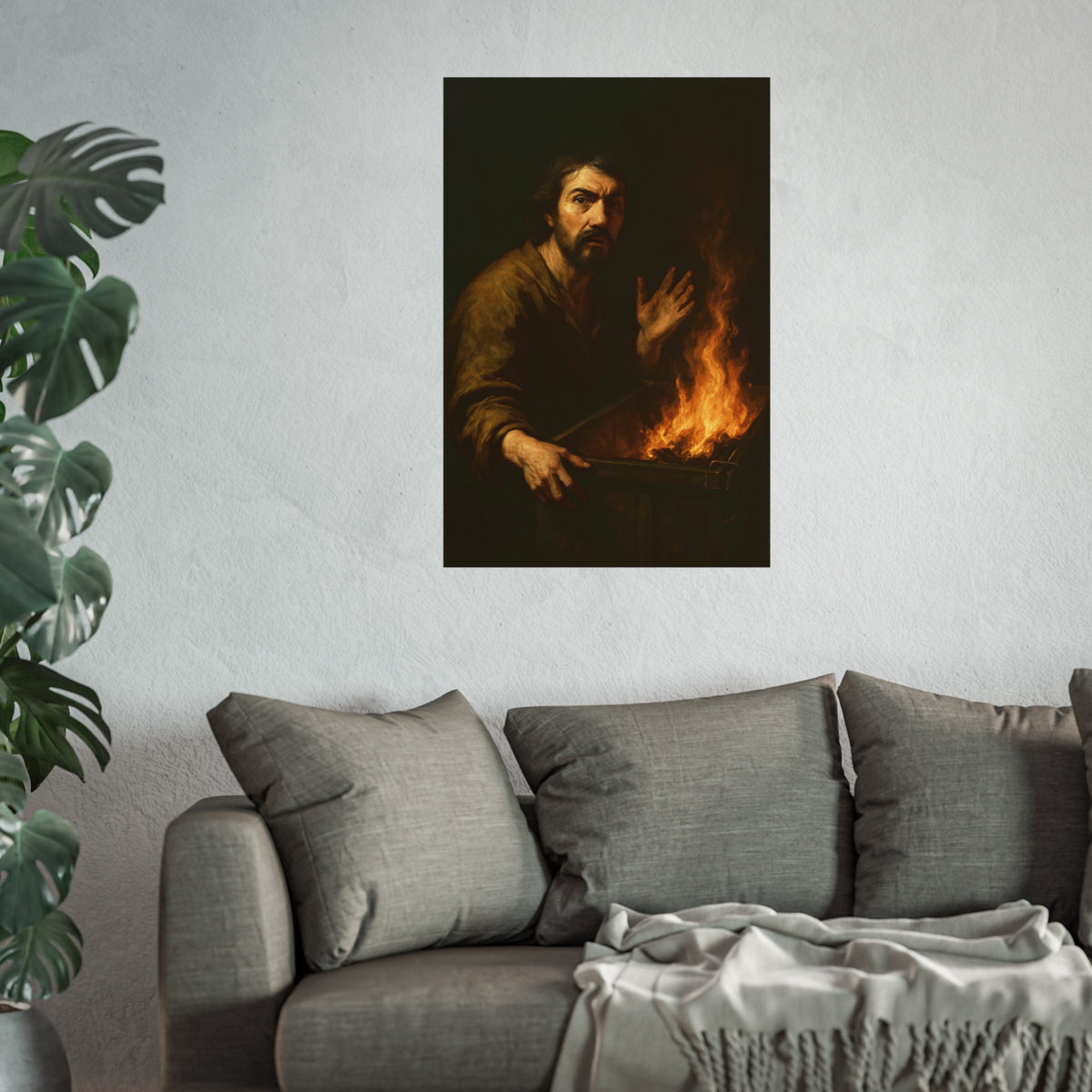 Man gripping the edge of a burning dumpster with one hand raised. Self-Portrait at 3:40 AM by Garabaggio, fine art print hanging in a room.