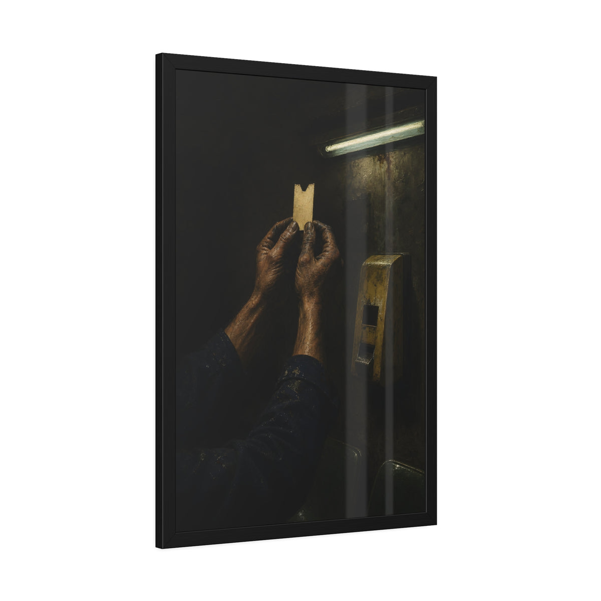 Weathered hands holding a paper queue ticket under a fluorescent tube. The First Number by Garabaggio, framed fine art print hanging in a room.