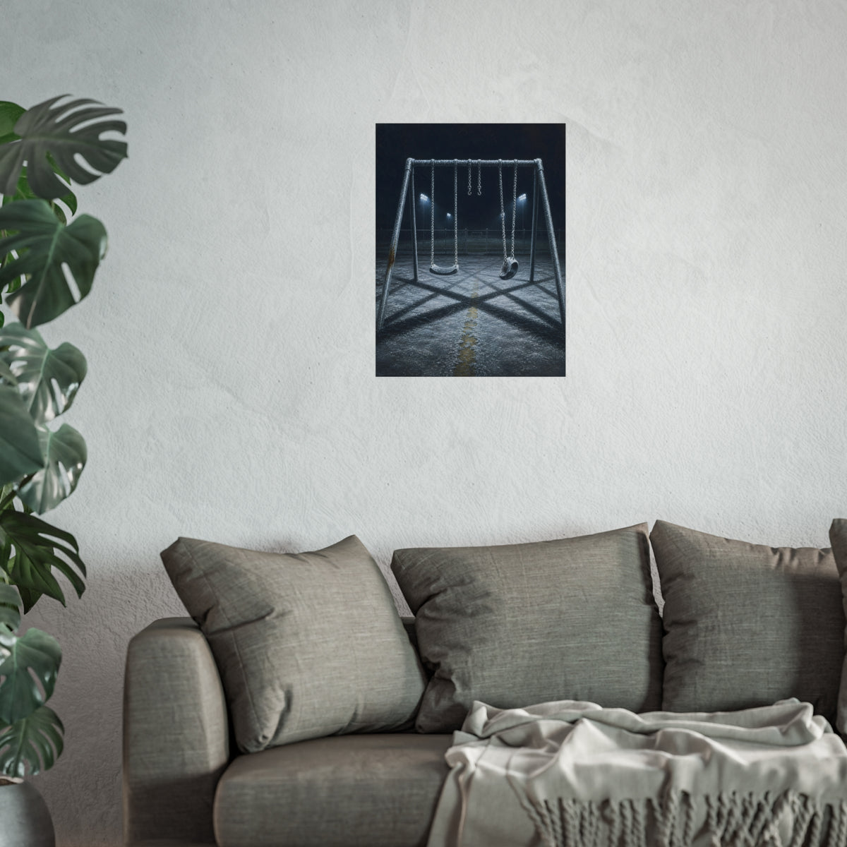A frost covered swing set on empty asphalt under distant floodlights. The Third Hour: The Coldest Part by Garabaggio, fine art print hanging in a room.