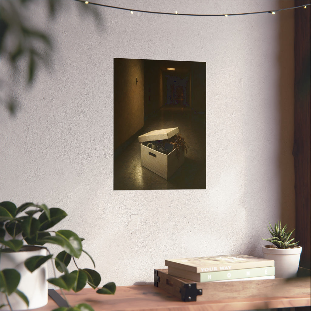 An open box of desk items on the floor of a dim office hallway. The Box of Personal Effects by Garabaggio, fine art print hanging in a room.
