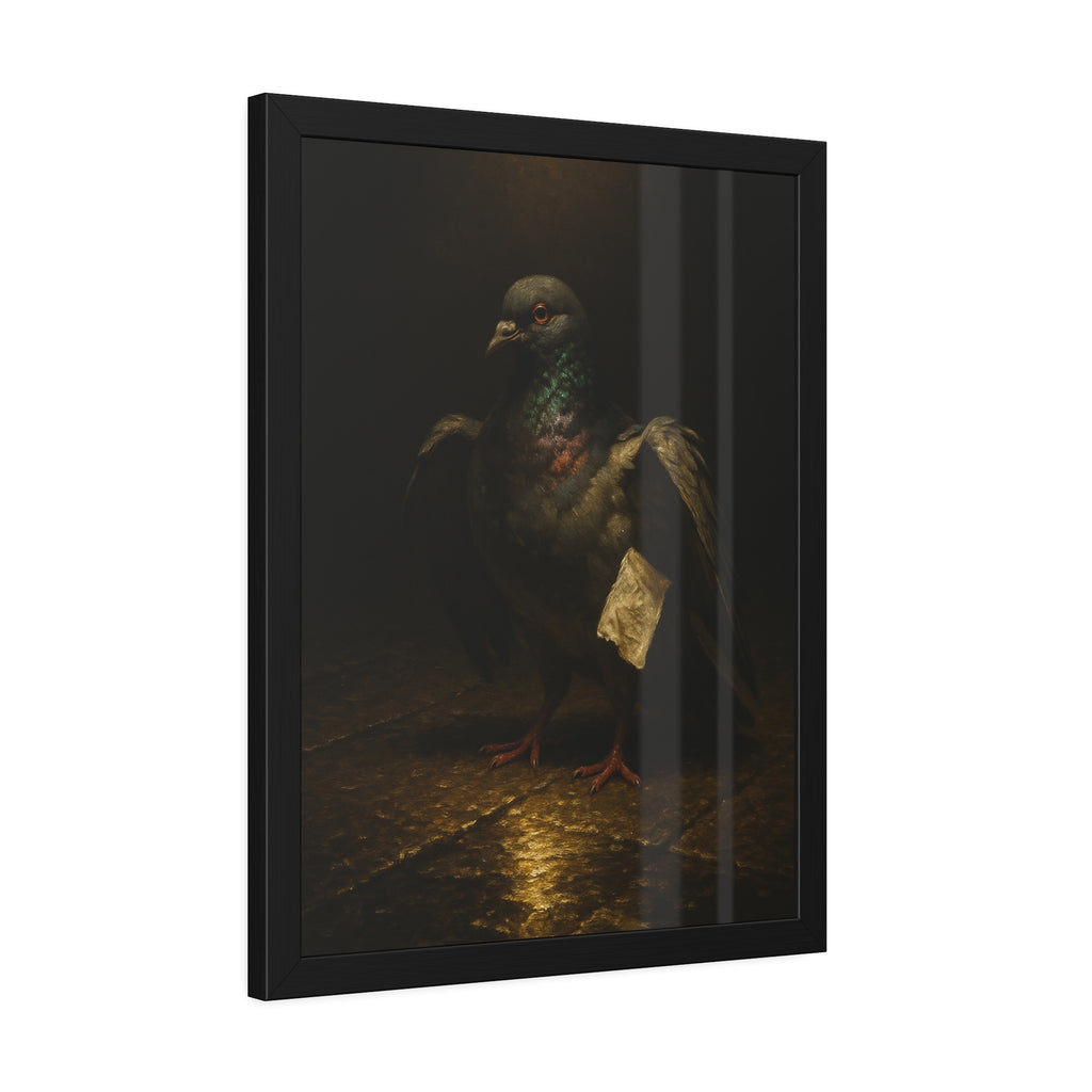A pigeon with wings half raised, a paper scrap at its side. The Annunciation of the Common Pigeon by Garabaggio, framed fine art print hanging in a room.