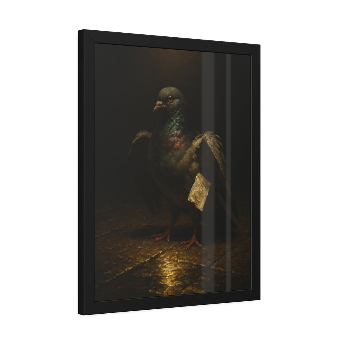 A pigeon with wings half raised, a paper scrap at its side. The Annunciation of the Common Pigeon by Garabaggio, framed fine art print hanging in a room.