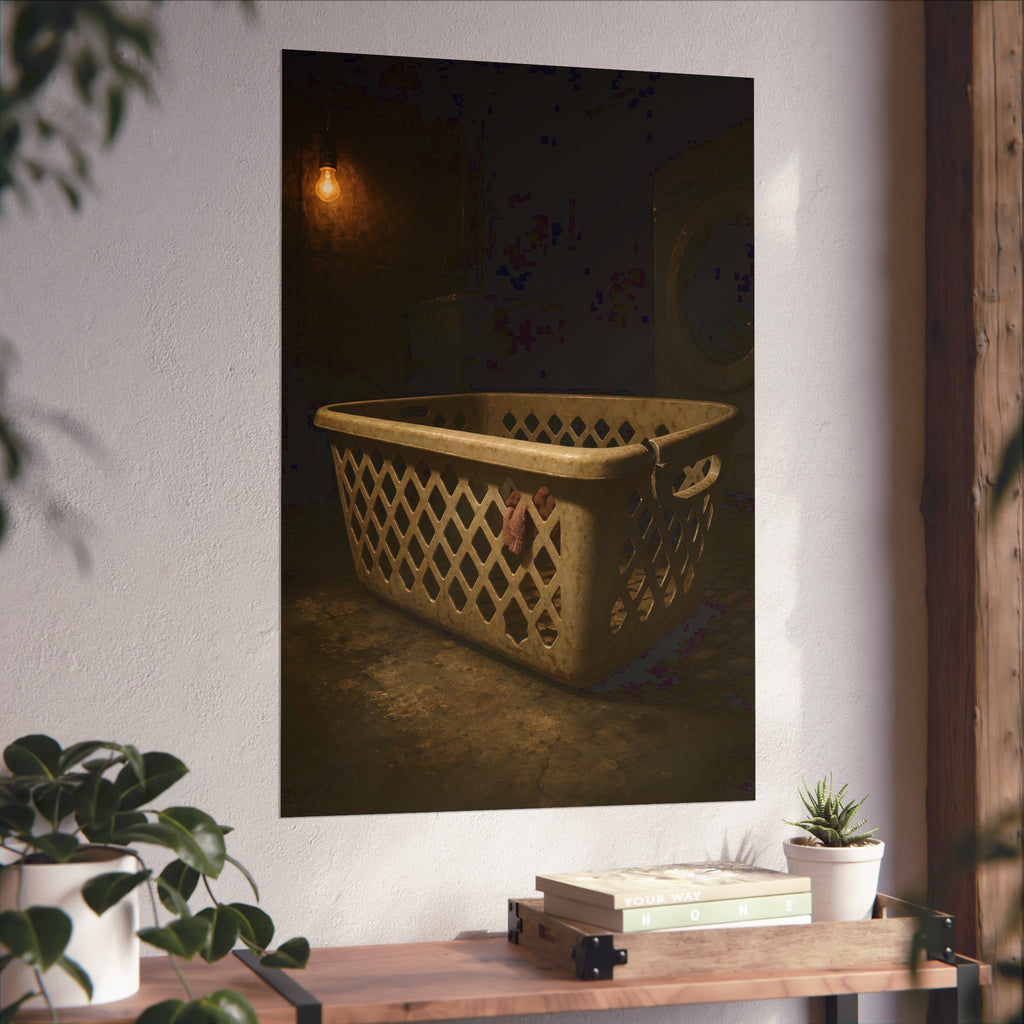 A plastic laundry basket on a basement floor under a bare hanging bulb. The First Split by Garabaggio, fine art print hanging in a room.