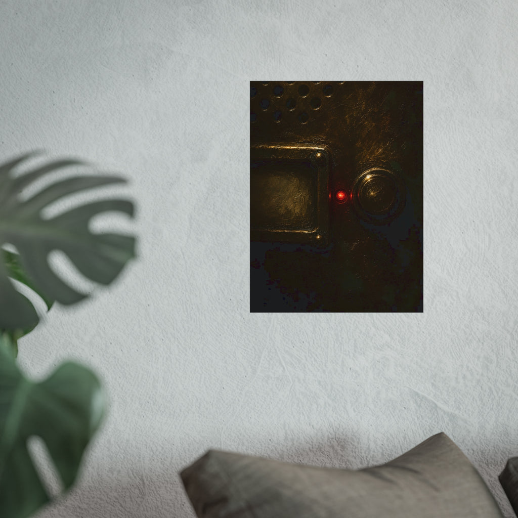 Close on an intercom nameplate and button with a small red light. The First Buzz at Dusk by Garabaggio, fine art print hanging in a room.