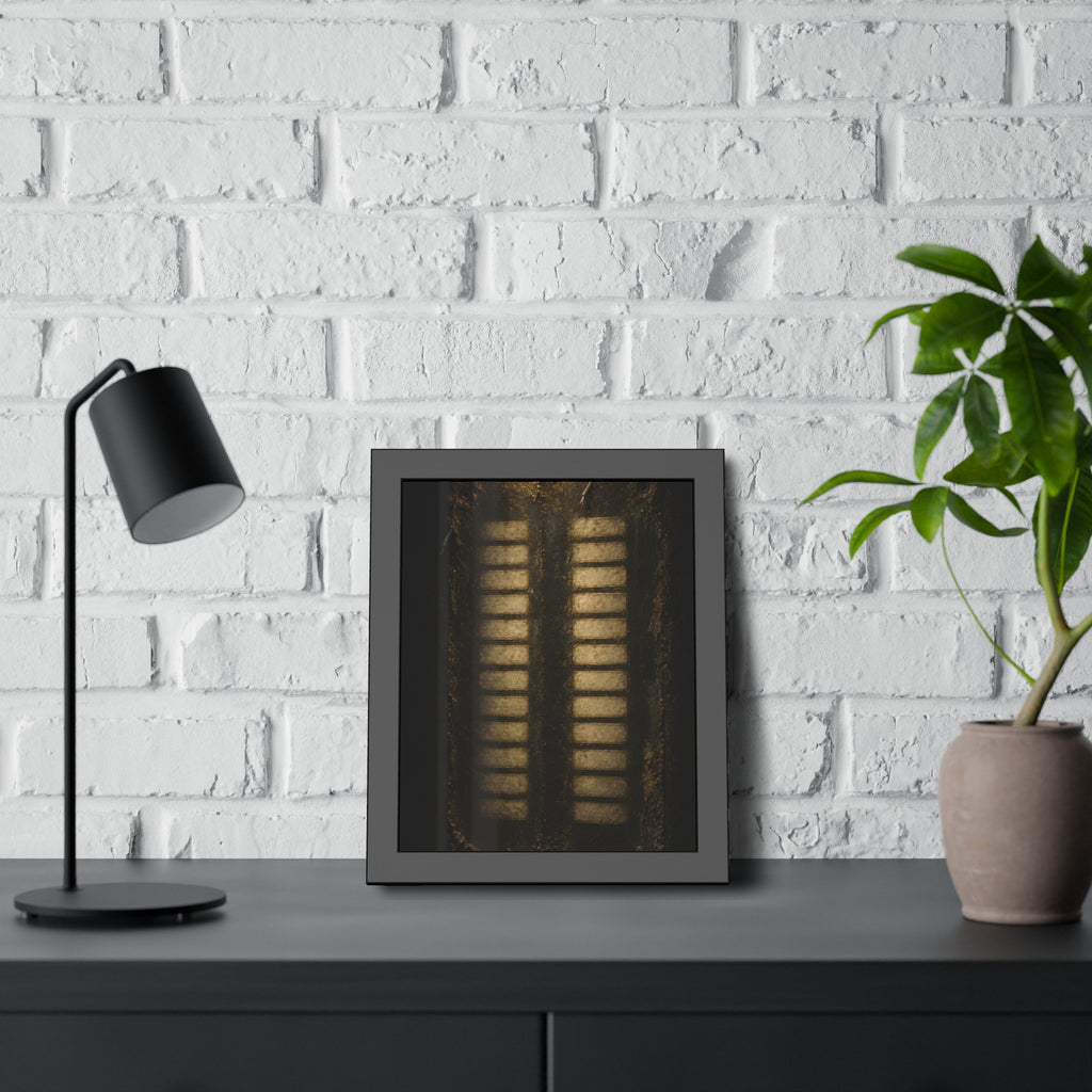 Two columns of blank name slots on a corroded intercom panel. Twenty-Four Pale Rectangles by Garabaggio, framed fine art print hanging in a room.