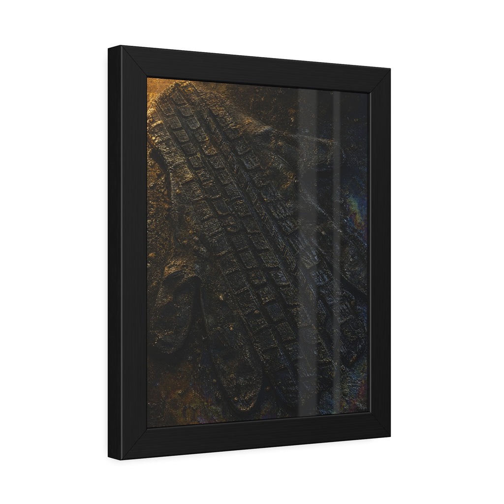 A flattened work glove on asphalt with a tire tread pressed across it. The Passage of the Wheel by Garabaggio, framed fine art print hanging in a room.