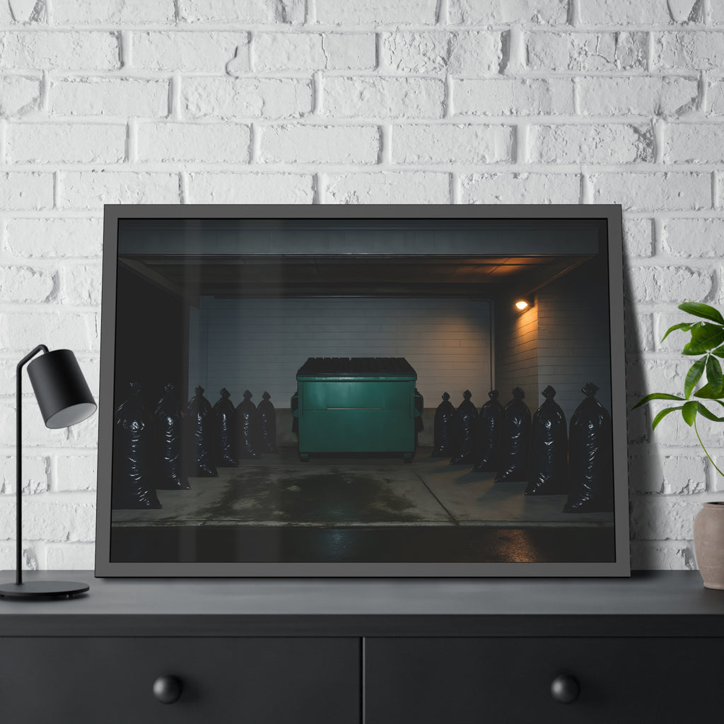 A green dumpster flanked by rows of black garbage bags under a lamp. Night Watch of the Loading Dock by Garabaggio, framed fine art print hanging in a room.
