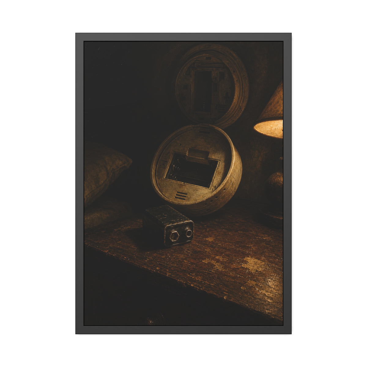 An open smoke detector on a wooden table beside a removed nine volt battery. The Silence After Removal by Garabaggio, framed fine art print, 28″ x 40″.