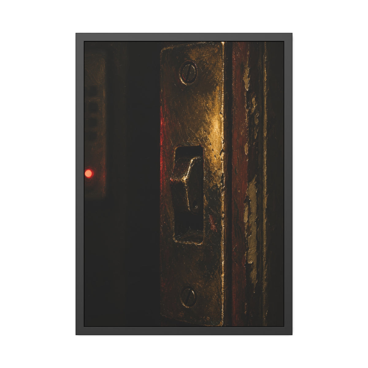 A brass door latch beside an intercom with a small red light. The Door Does Not Release by Garabaggio, framed fine art print, 28″ x 40″.