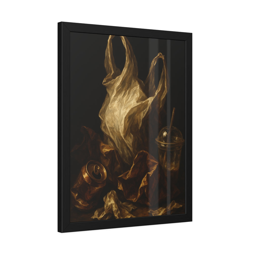 A plastic bag held open above a crushed can and a plastic cup with straw. The Apparition of the Bag by Garabaggio, framed fine art print hanging in a room.
