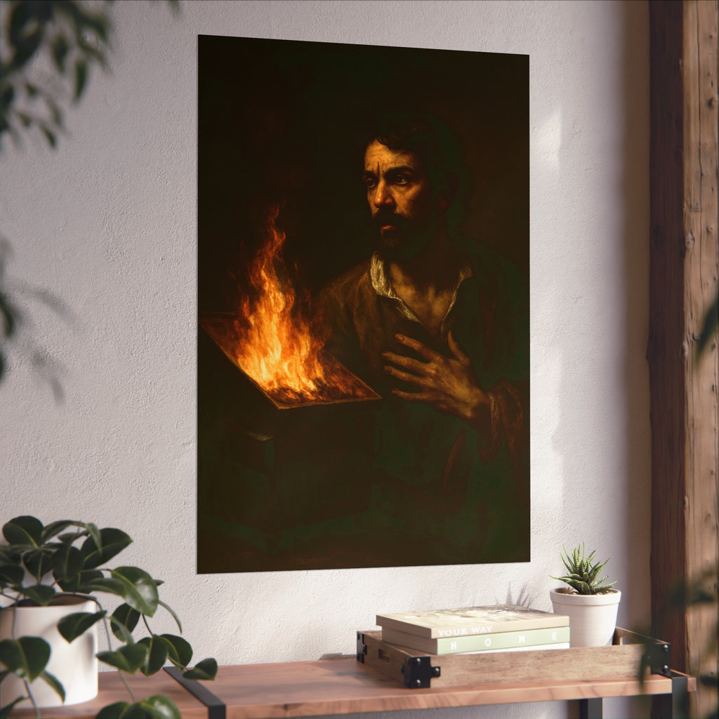 Man with a hand flat on his chest looking toward a low burning bin. Self-Portrait with Oath by Garabaggio, fine art print hanging in a room.