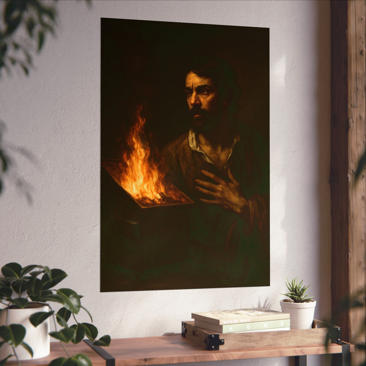 Man with a hand flat on his chest looking toward a low burning bin. Self-Portrait with Oath by Garabaggio, fine art print hanging in a room.
