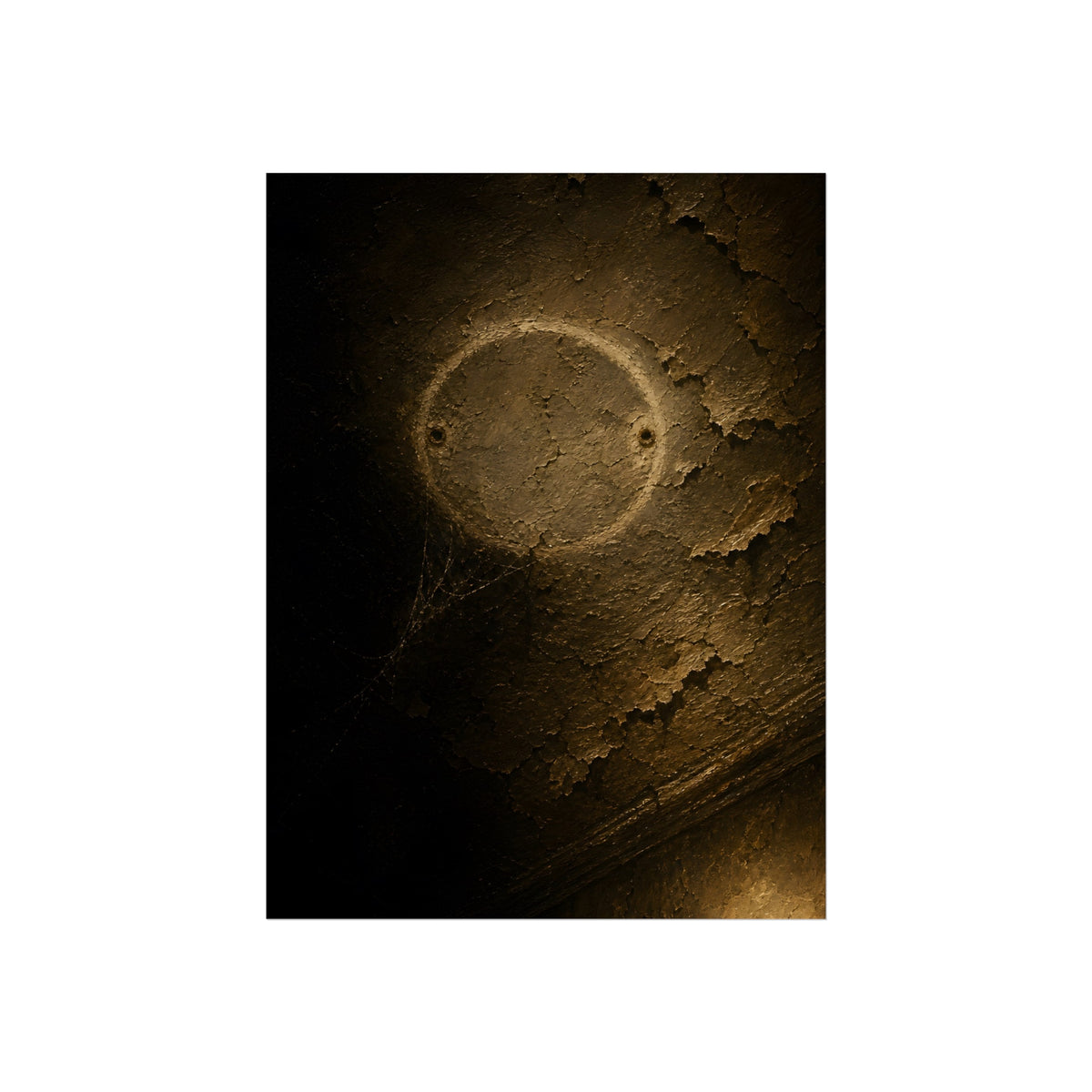 A pale ring and two screw holes on a peeling ceiling where a detector was. The Circle on the Ceiling by Garabaggio, fine art print, 12″ x 16″.