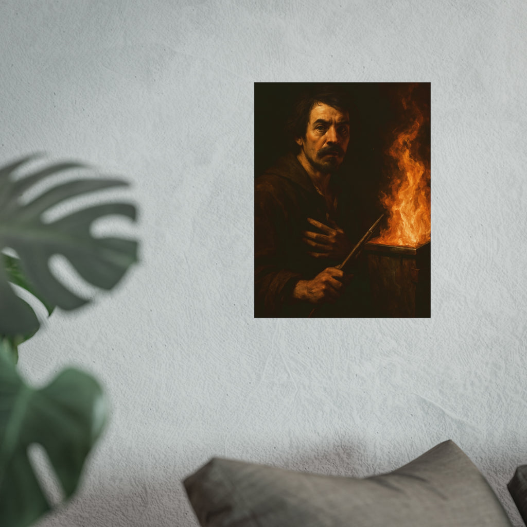Man holding a long wooden stick, hand on chest, before a burning bin. Self-Portrait with Mahlstick by Garabaggio, fine art print hanging in a room.