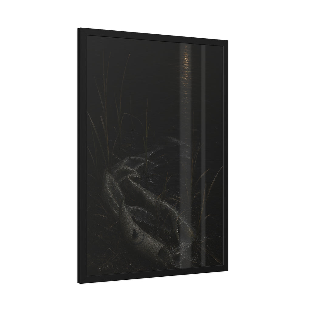 A deflated float slumped in lakeside reeds under a streak of moonlight. Spring Skin in the Reeds by Garabaggio, framed fine art print hanging in a room.