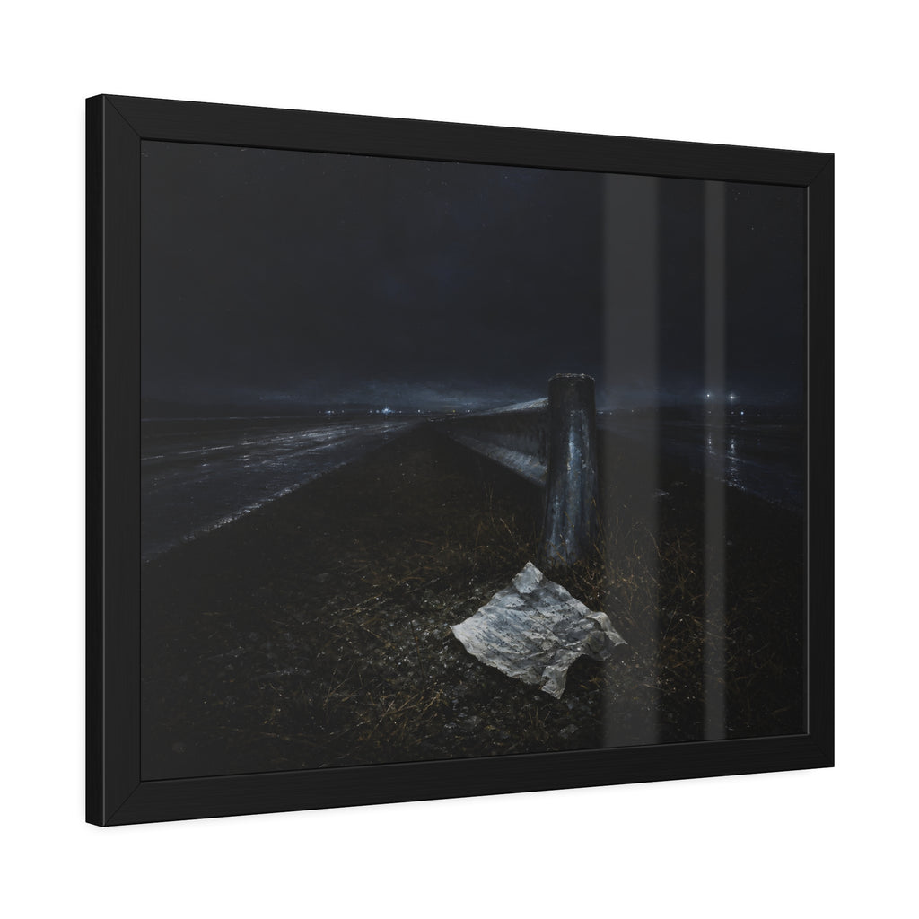A sheet of paper on a grassy highway median beside a concrete post at night. The Resume on the Median by Garabaggio, framed fine art print hanging in a room.