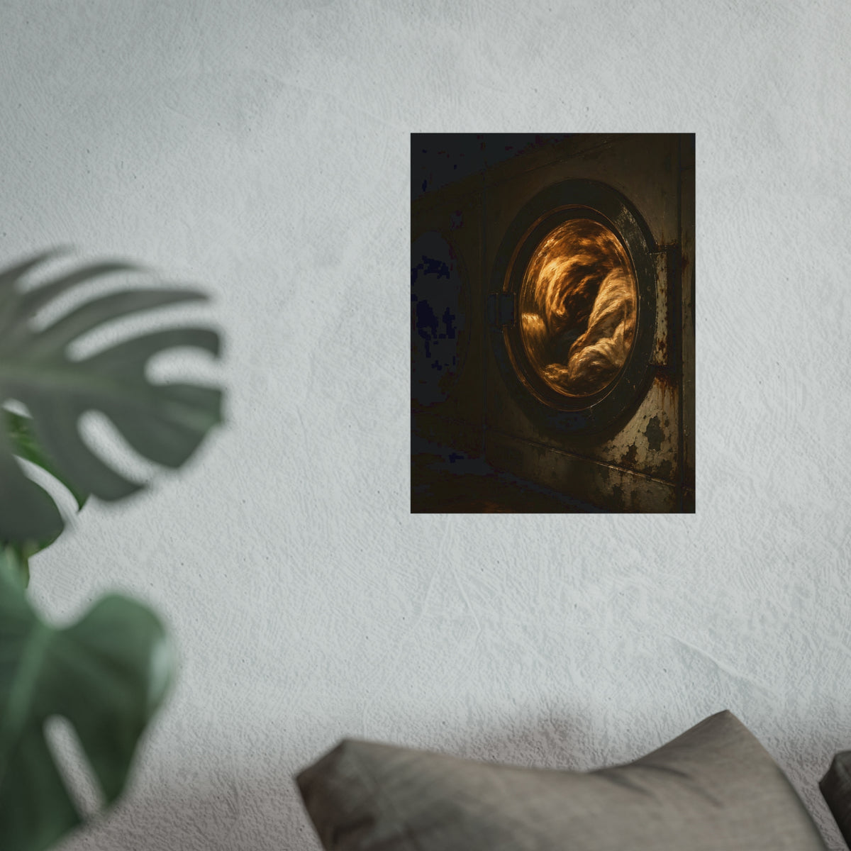 A washer drum tumbling laundry lit amber behind its glass door. The First Spin by Garabaggio, fine art print hanging in a room.