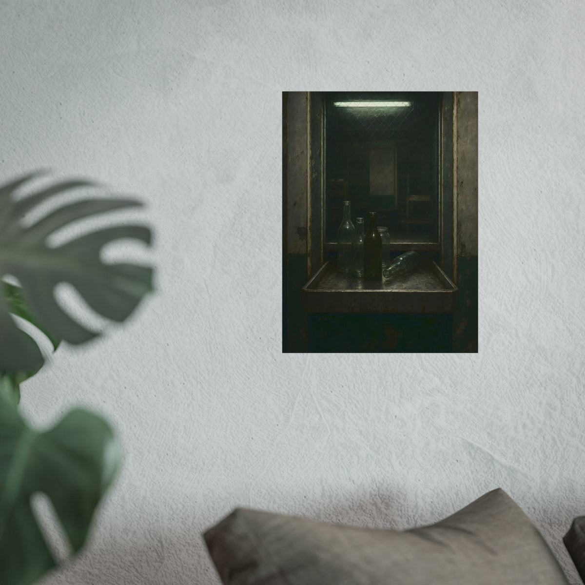 Empty glass bottles on a metal tray at a service window under a fluorescent tube. The Counting Window by Garabaggio, fine art print hanging in a room.