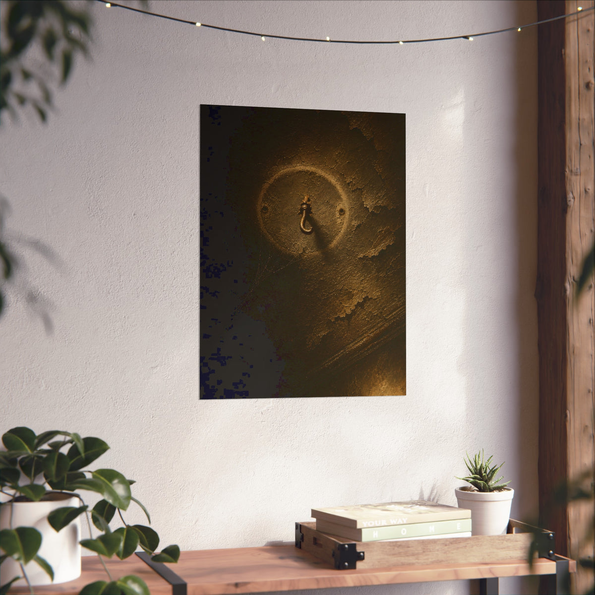 A small empty hook on a cracked ceiling, lit from one side. The Hook Without a Burden by Garabaggio, fine art print hanging in a room.