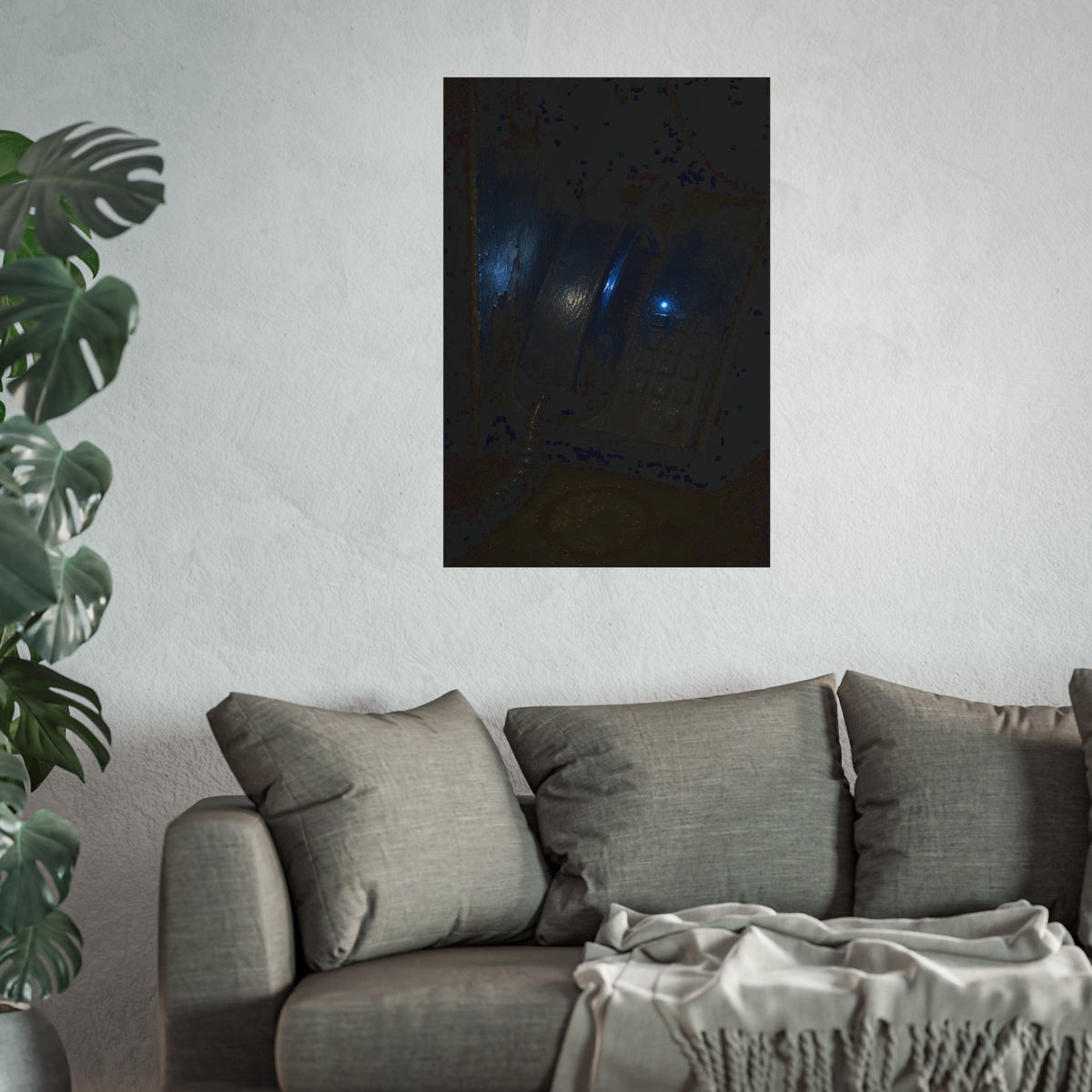 A grimy wall telephone in darkness with one small blue indicator light. The Night Queue by Garabaggio, fine art print hanging in a room.