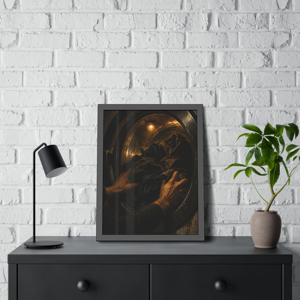 Two hands pushing dark laundry into a washer drum lit by a small bulb. The Loading of the Drum by Garabaggio, framed fine art print hanging in a room.