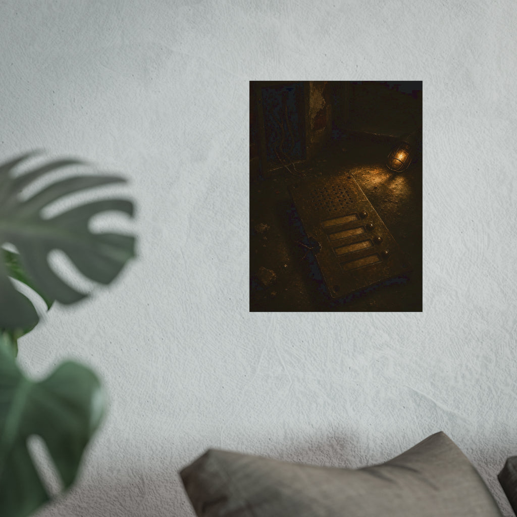 An intercom panel face up on a floor, wires cut, lit by a work lamp. The Plate Taken Down by Garabaggio, fine art print hanging in a room.