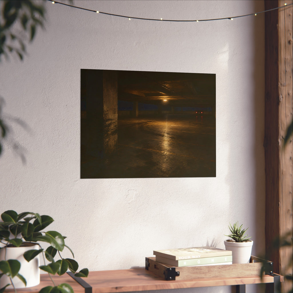 An empty concrete parking deck lit by one ceiling lamp, tail lights beyond. The Parking Garage, Level 4 by Garabaggio, fine art print hanging in a room.