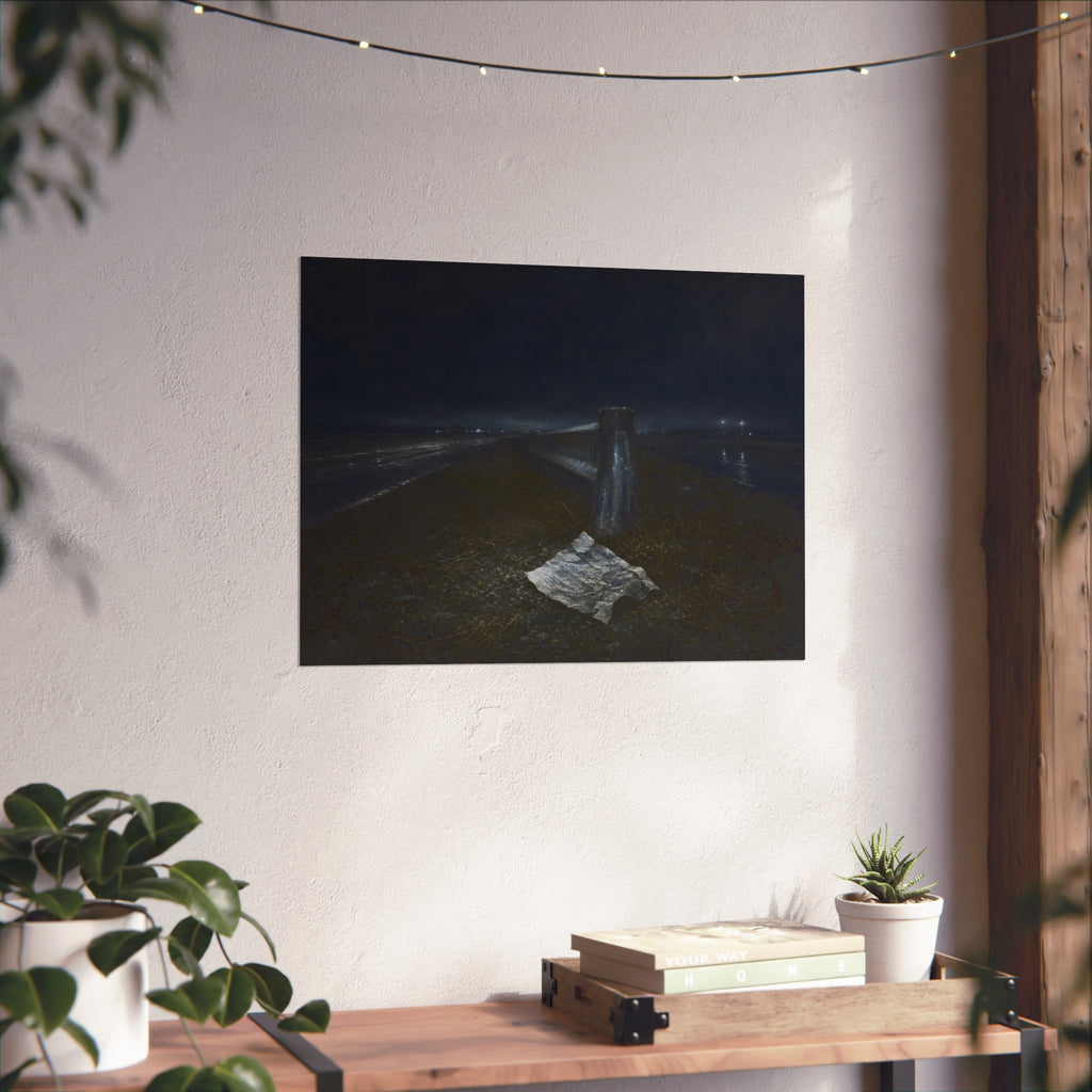 A sheet of paper on a grassy highway median beside a concrete post at night. The Resume on the Median by Garabaggio, fine art print hanging in a room.