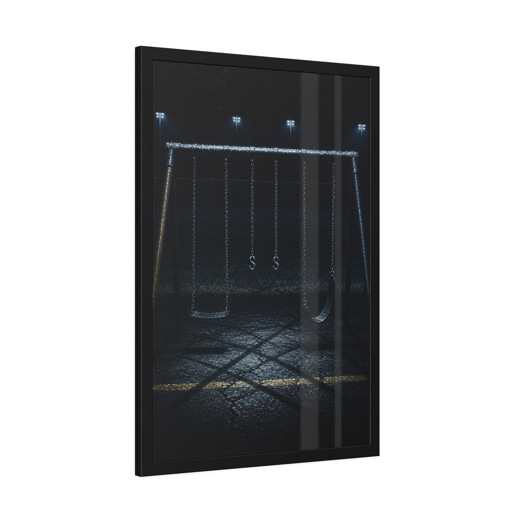 An empty swing set at night, chains still, floodlights far behind it. The Tenth Hour: The Chains Settle by Garabaggio, framed fine art print hanging in a room.