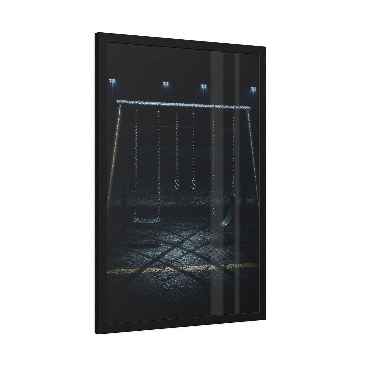 An empty swing set at night, chains still, floodlights far behind it. The Tenth Hour: The Chains Settle by Garabaggio, framed fine art print hanging in a room.