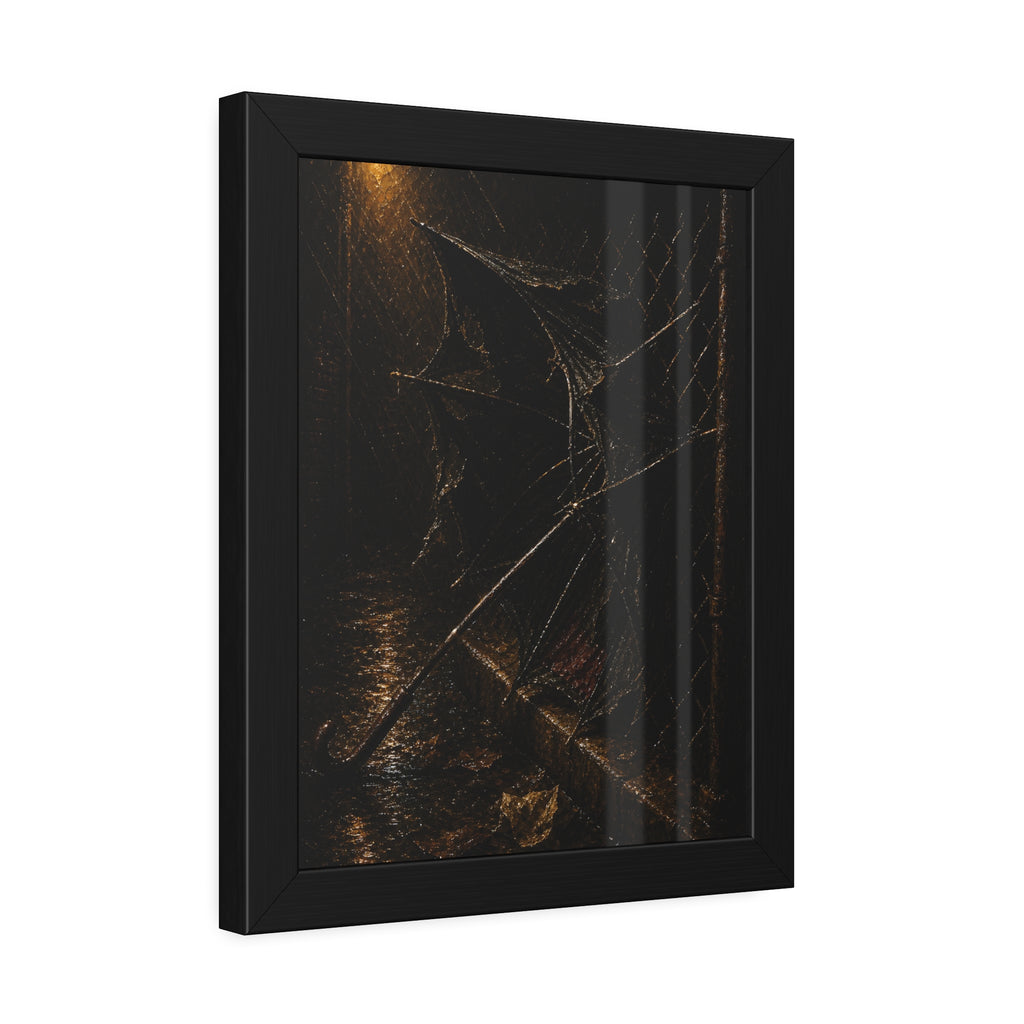 A broken umbrella pinned to a chain link fence under a rainy streetlamp. The Scourging by the Wind by Garabaggio, framed fine art print hanging in a room.