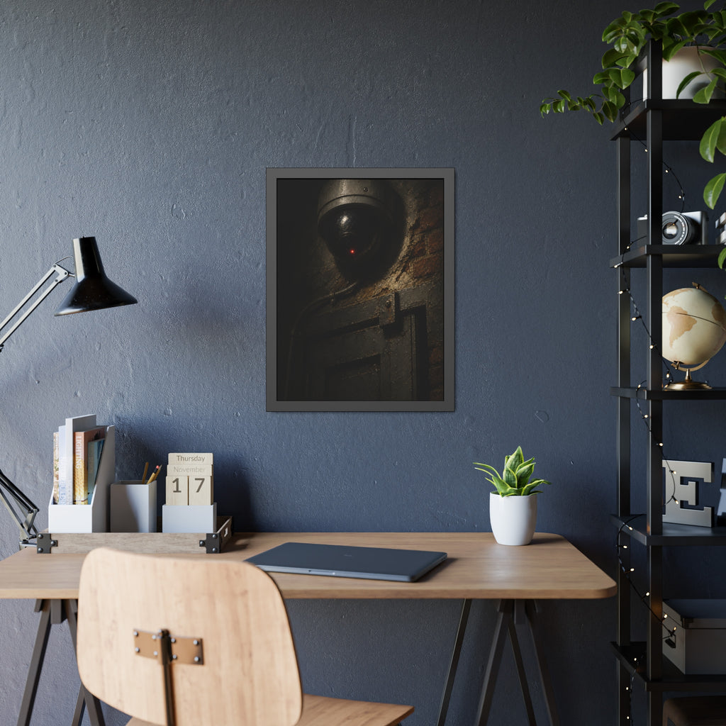 A dome security camera with a red light above a metal door. Installation Above the Door by Garabaggio, framed fine art print hanging in a room.