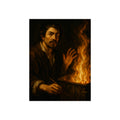 Man holding a paintbrush, his other hand raised beside tall flames. Self-Portrait with Brush and Flame by Garabaggio, fine art print, 12″ x 16″.
