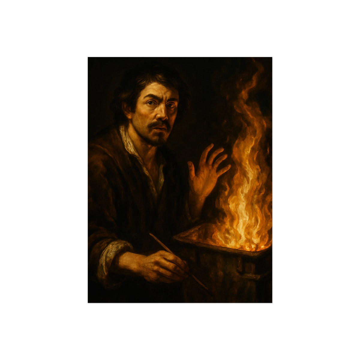 Man holding a paintbrush, his other hand raised beside tall flames. Self-Portrait with Brush and Flame by Garabaggio, fine art print, 12″ x 16″.