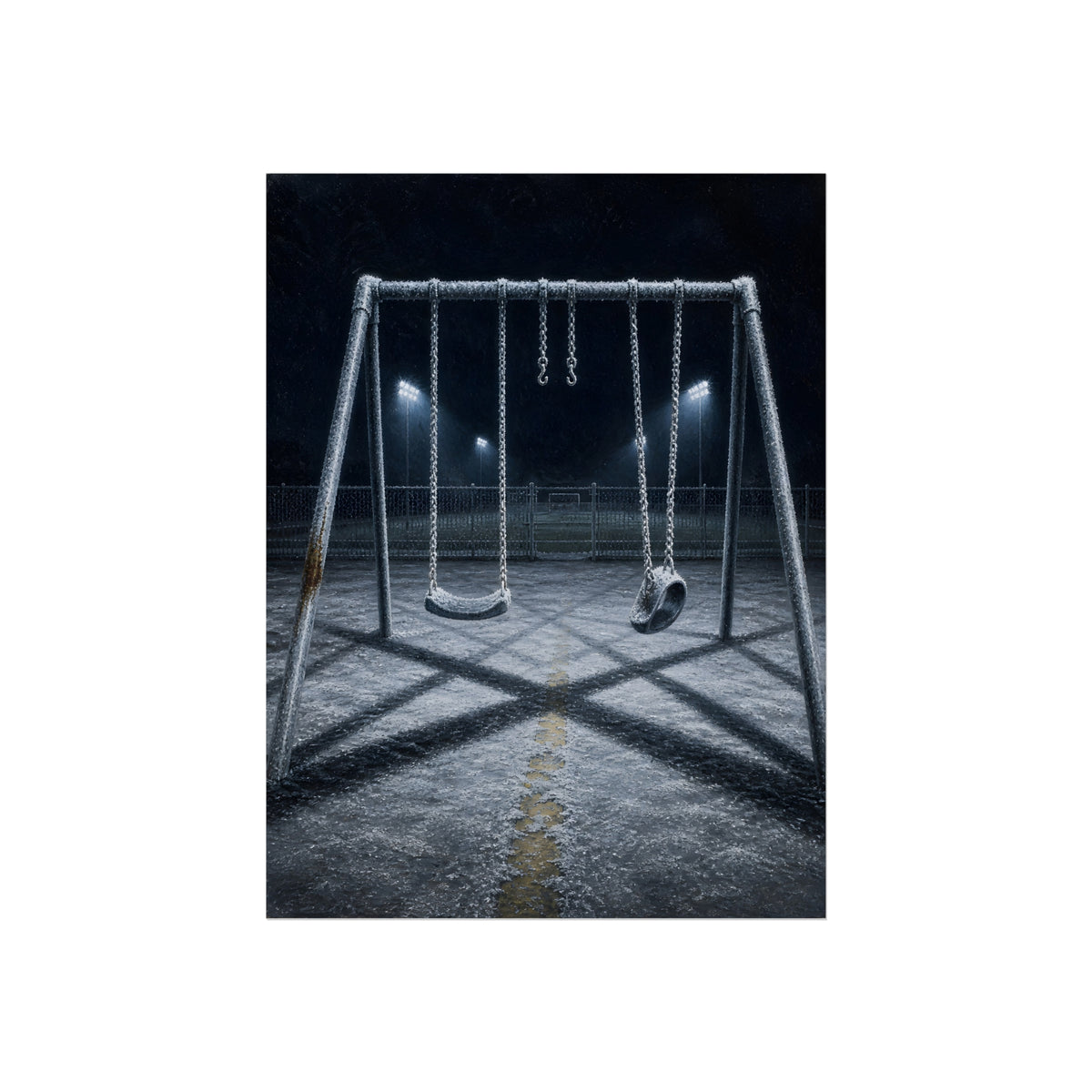 A frost covered swing set on empty asphalt under distant floodlights. The Third Hour: The Coldest Part by Garabaggio, fine art print, 12″ x 16″.
