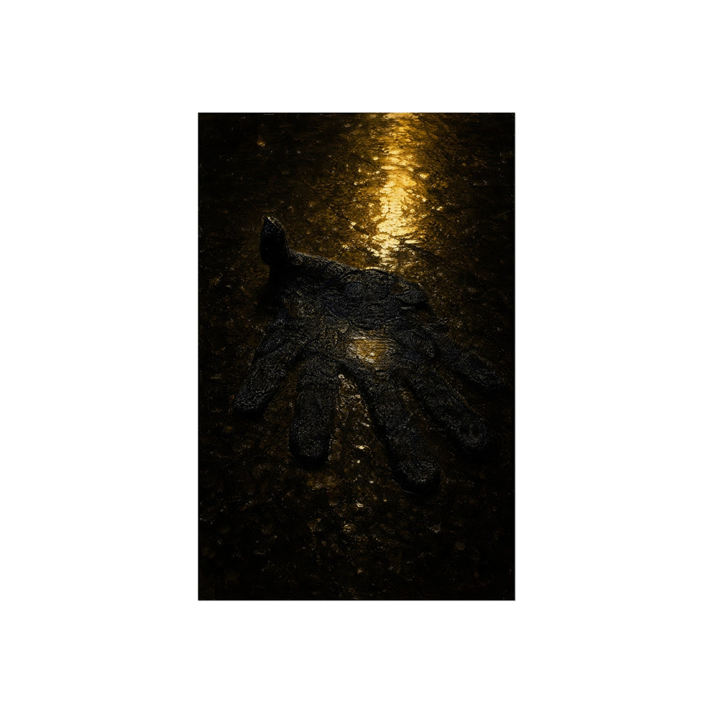 A flattened black glove pressed into wet asphalt beside a light streak. The Flattening, Study No. 1 by Garabaggio, fine art print hanging in a room.