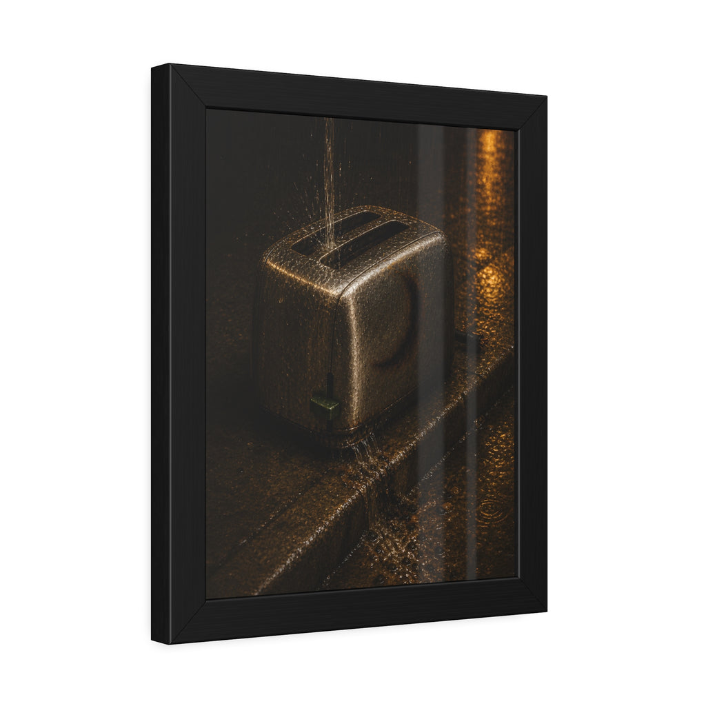 A toaster on a wet curb with water pouring into its slots. Rain Through the Slots by Garabaggio, framed fine art print hanging in a room.