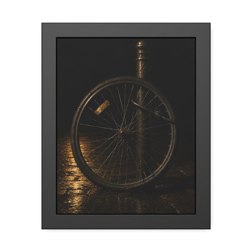 A bare bicycle wheel locked to a post on wet pavement. The Wheel Without a Bicycle by Garabaggio, framed fine art print, 11″ x 14″.
