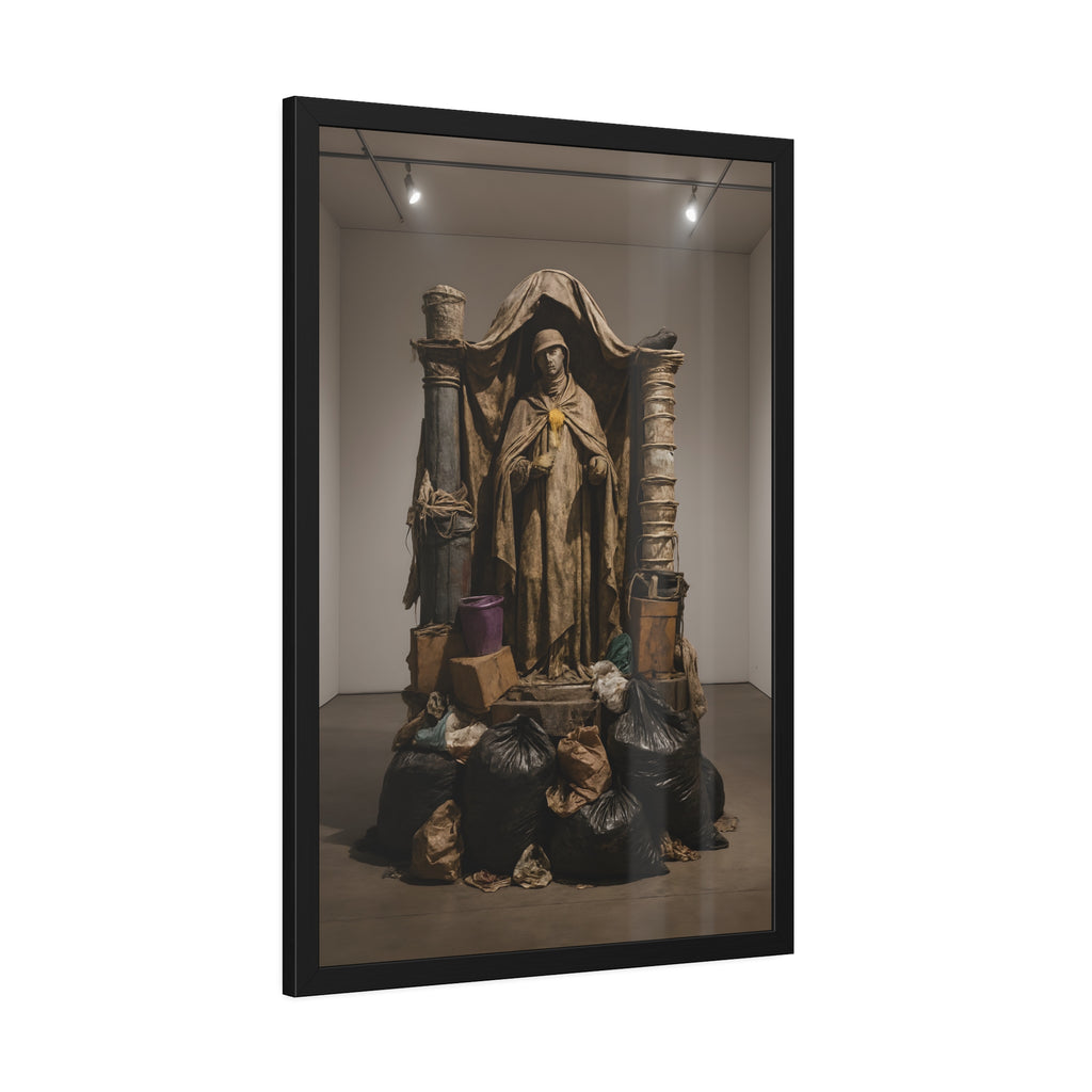 Draped standing figure under a canopy above a heap of black garbage bags. Saint Francis of the Black Bag by Garabaggio, framed fine art print hanging in a room.