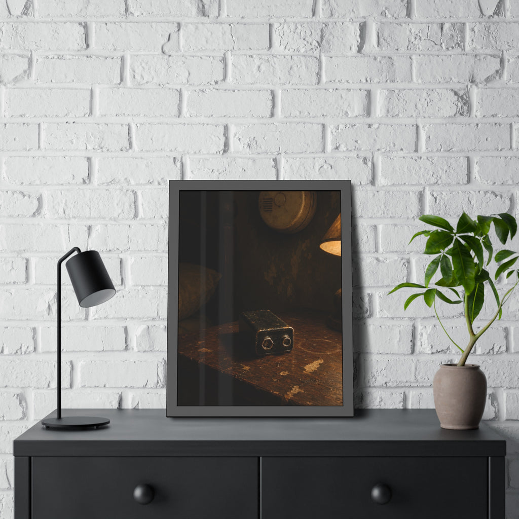 A nine volt battery on a nightstand below a wall smoke detector. The Battery Laid Below by Garabaggio, framed fine art print hanging in a room.