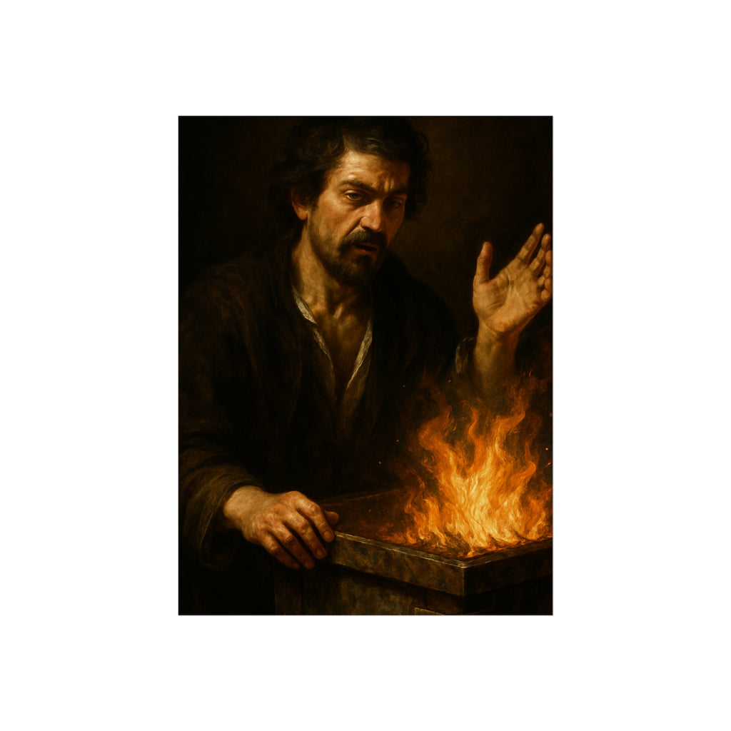 Man holding one hand high over the flames of an open burning bin. Self-Portrait Commanding the Light by Garabaggio, fine art print hanging in a room.