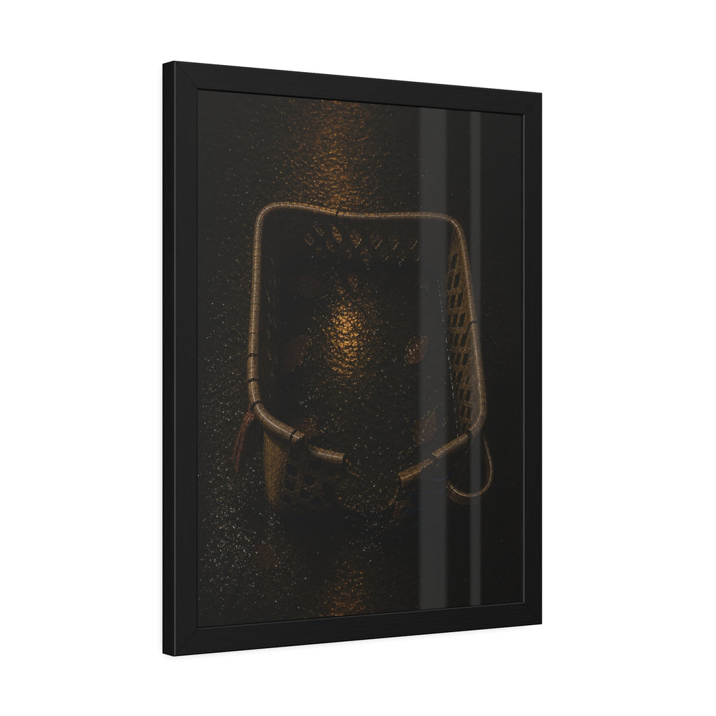 A cracked laundry basket holding rainwater and leaves on wet ground. The Basin of Rain (Laundry Basket) by Garabaggio, framed fine art print hanging in a room.