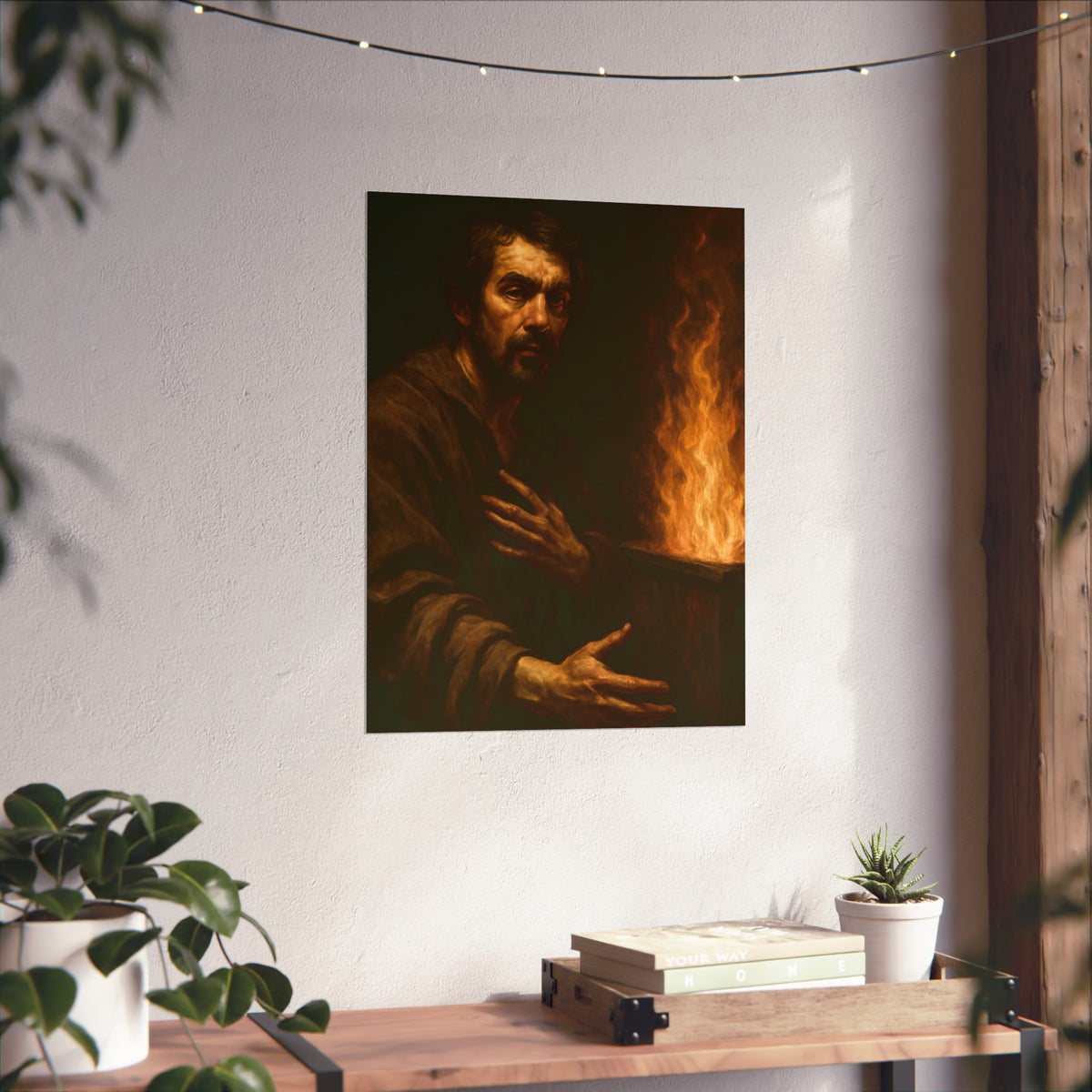 Bearded man with a hand on his chest beside flames rising from a bin. Self-Portrait as a Penitent by Garabaggio, fine art print hanging in a room.
