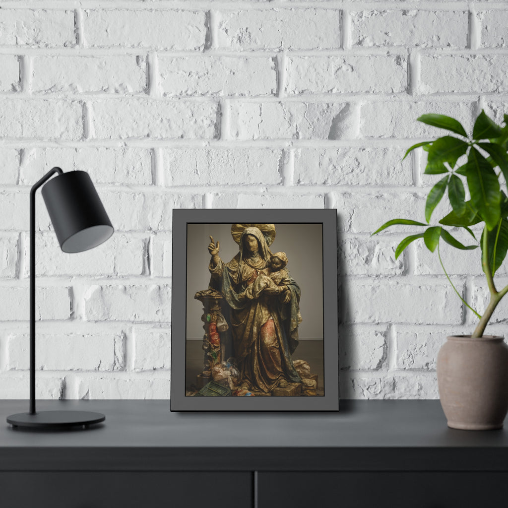 A standing veiled figure holding a child, refuse piled around the base. The Virgin of the Landfill by Garabaggio, framed fine art print hanging in a room.