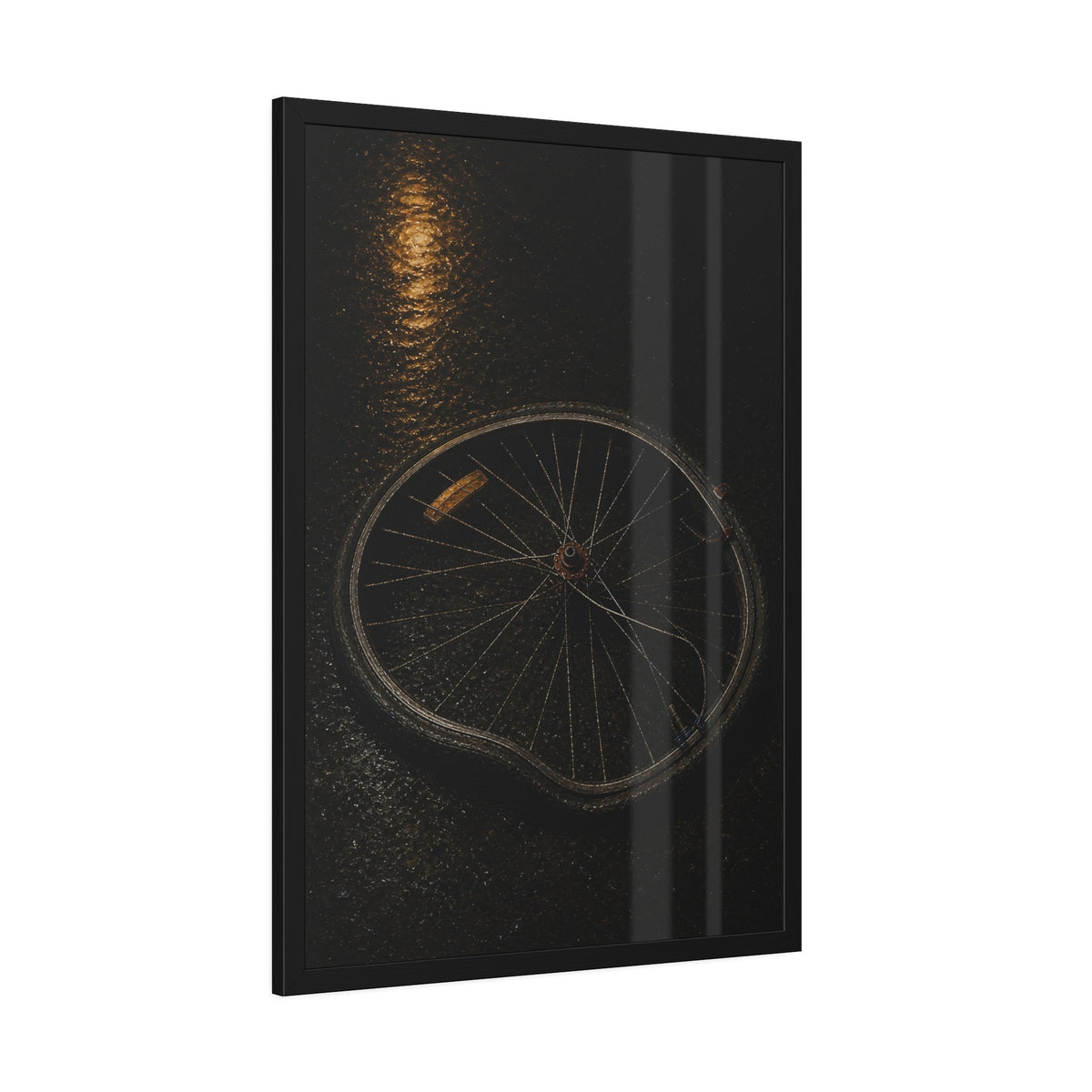 A buckled bicycle wheel on wet asphalt beneath a streetlight reflection. The Bend from Impact by Garabaggio, framed fine art print hanging in a room.
